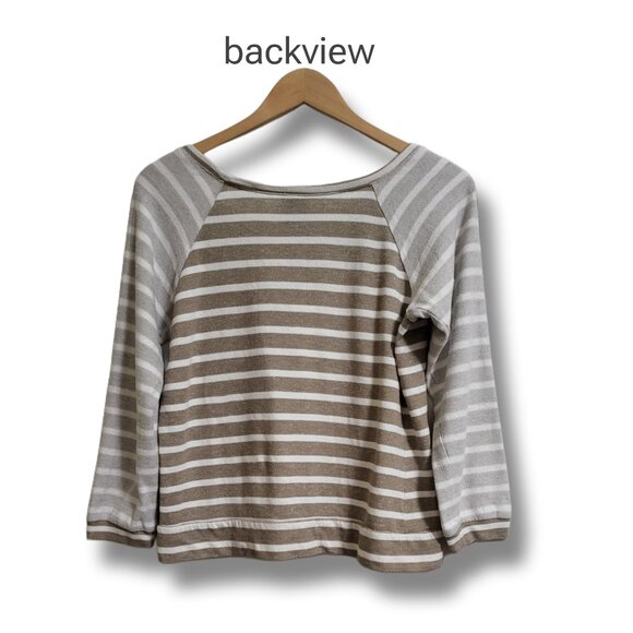 🌿Bobeau Womens Medium Beige White Striped 3/4 Sleeve Distressed Sweater-Cute! - Picture 5 of 9